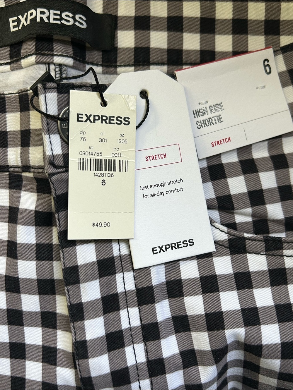 Express Black & White Gingham High-Rise Stretch Shortie Shorts SZ 6 NWT - Picture 7 of 9